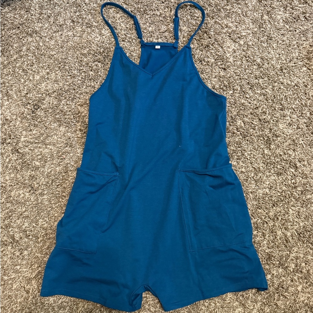 Girls' Teal Blue Romper with Pockets